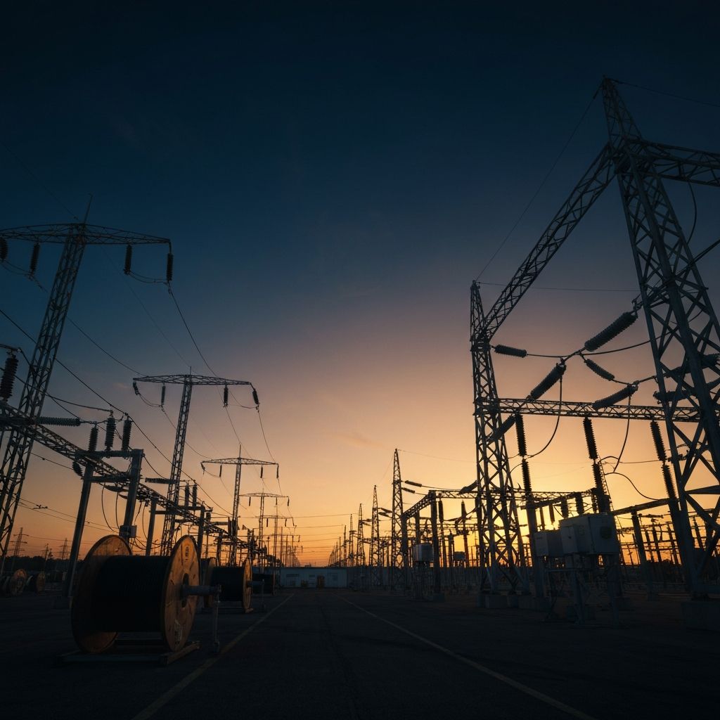 Industrial cables and equipment at sunset